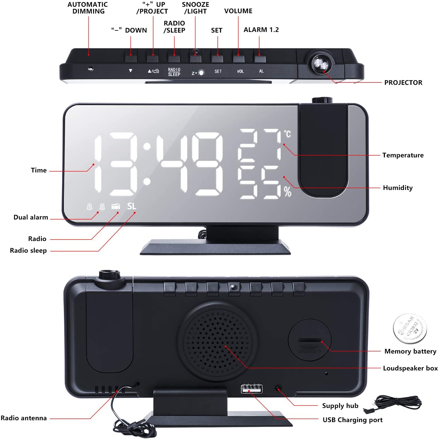 LED Projection Digital Alarm Clock Phone Charger - Gadgetoelectro